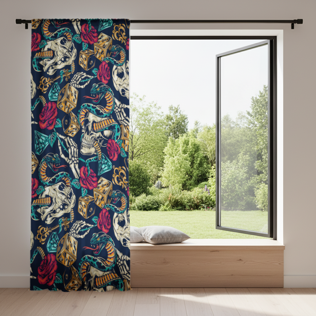 Kuru Kafa Yılan Zar ve Gül Deseni Fon Perde