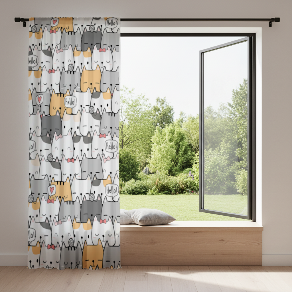 Cute Cartoon Cats Pattern with Speech Bubbles Drapes