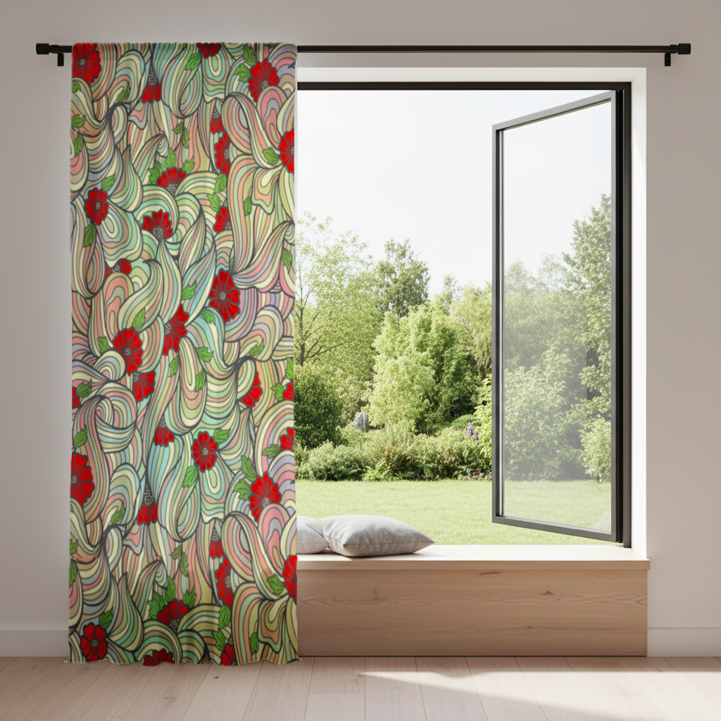 Çiçekli Retro Dalgalı Desen Fon Perde