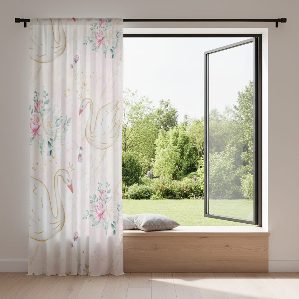 Pastel Watercolor Swan Floral Pattern Drapes