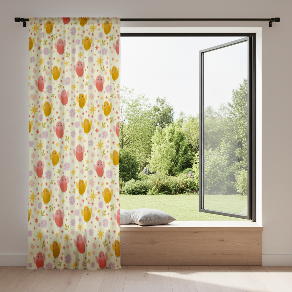 Cute Birds and Floral Pastel Spring Pattern Illustration Drapes