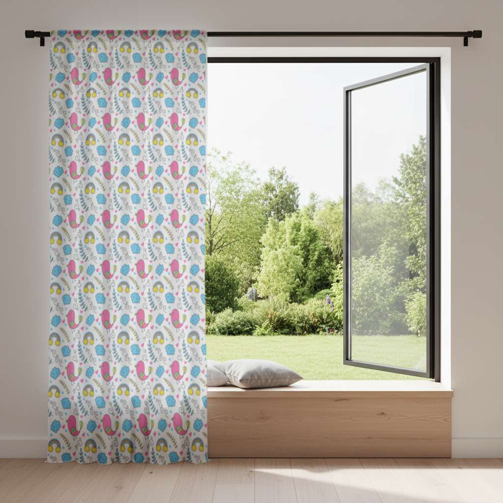 Cute Pink Bird and Rainbow Kids Pattern Drapes