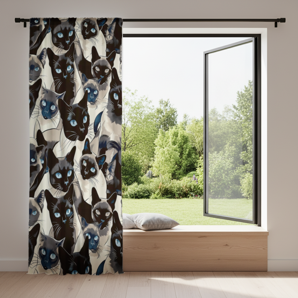 Blue Eyed Siamese Cat Elegant Illustration Pattern Drapes