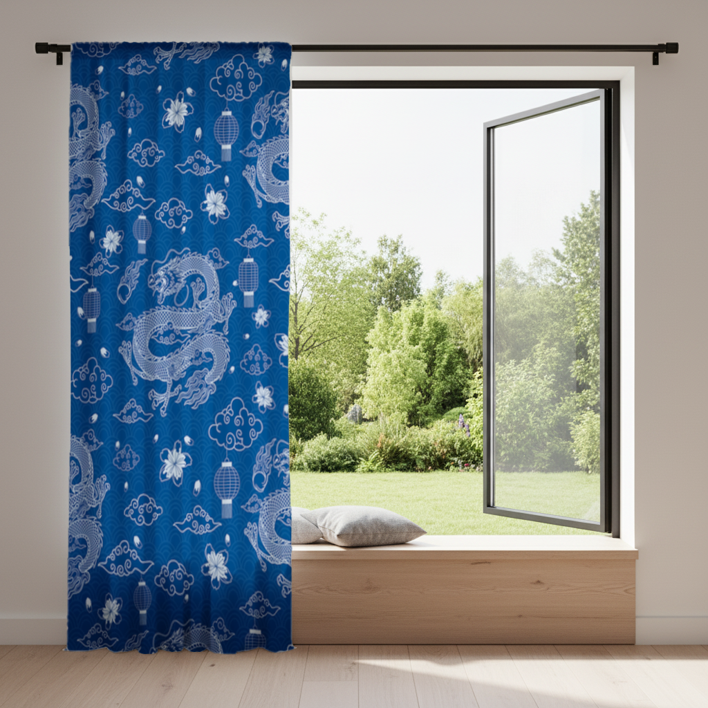 Traditional Dragon Pattern on Blue Background Drapes