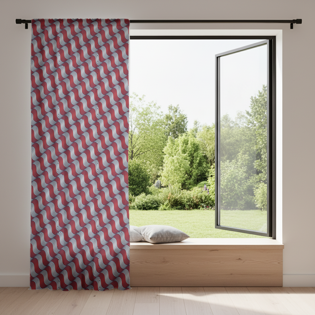 Red and Navy Wavy Line Pattern Drapes