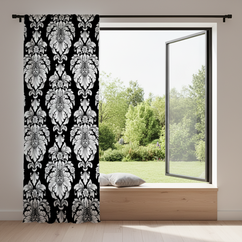 Black and White Baroque Floral Pattern Drapes
