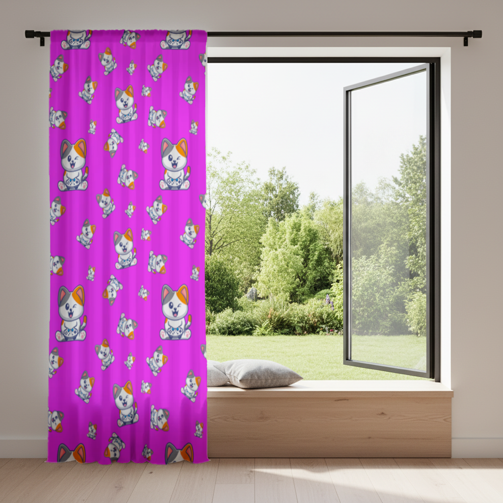Cute Cartoon Cat Pattern on Pink Background Drapes