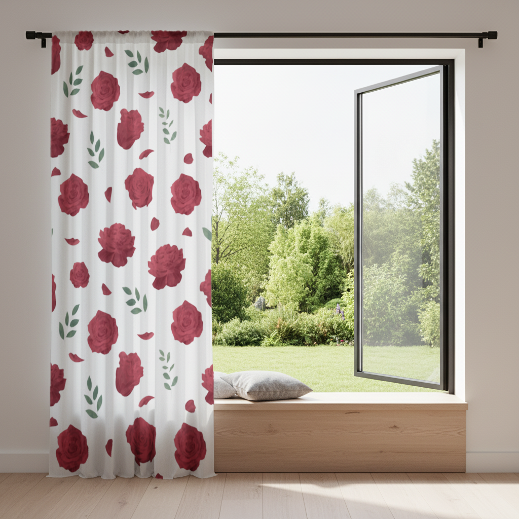 Red Rose and Leaf Romantic Seamless Pattern Drapes