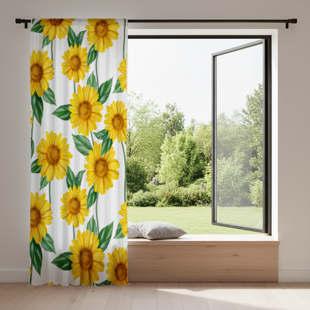 Canlı Sarı Ayçiçeği ve Yeşil Yaprak Desenli İllüstrasyon Fon Perde