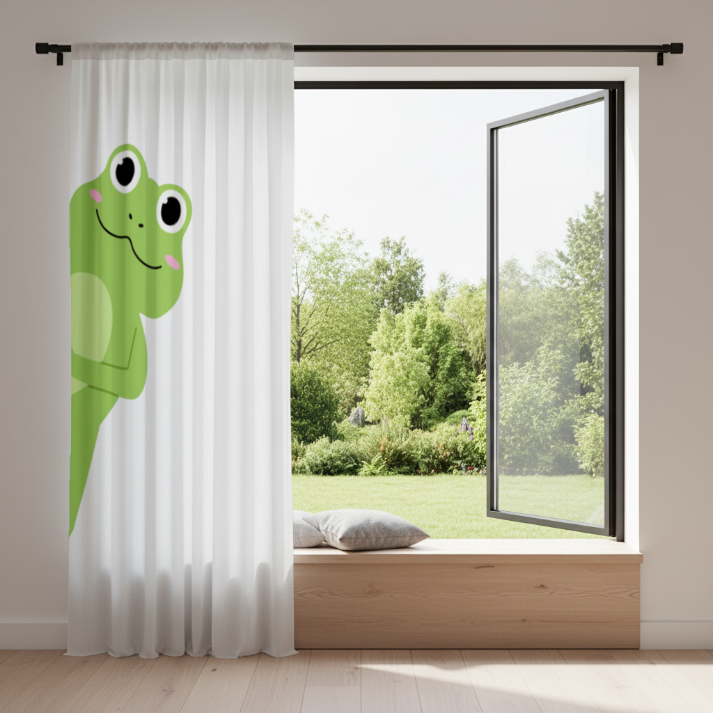 Cute Green Frog Peek-a-Boo Illustration Drapes