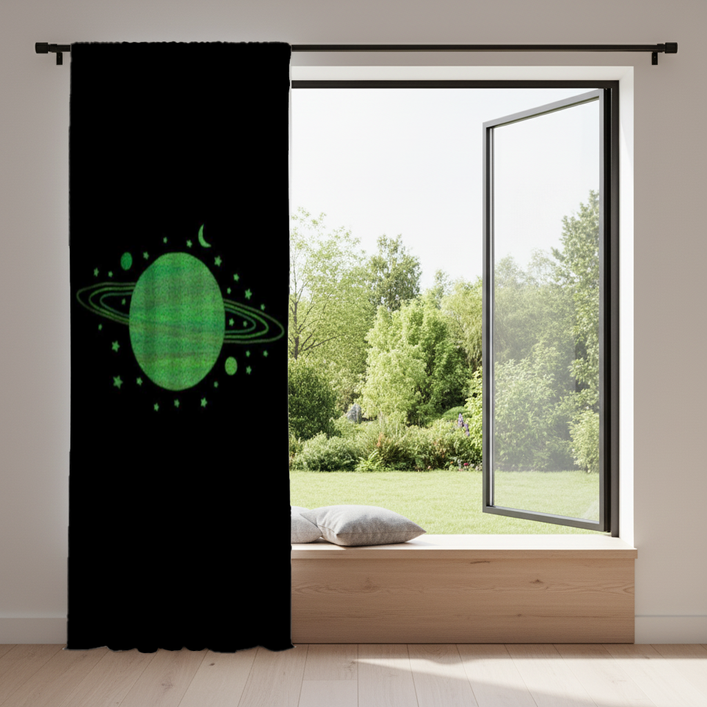 Green planets on a black background. Drapes