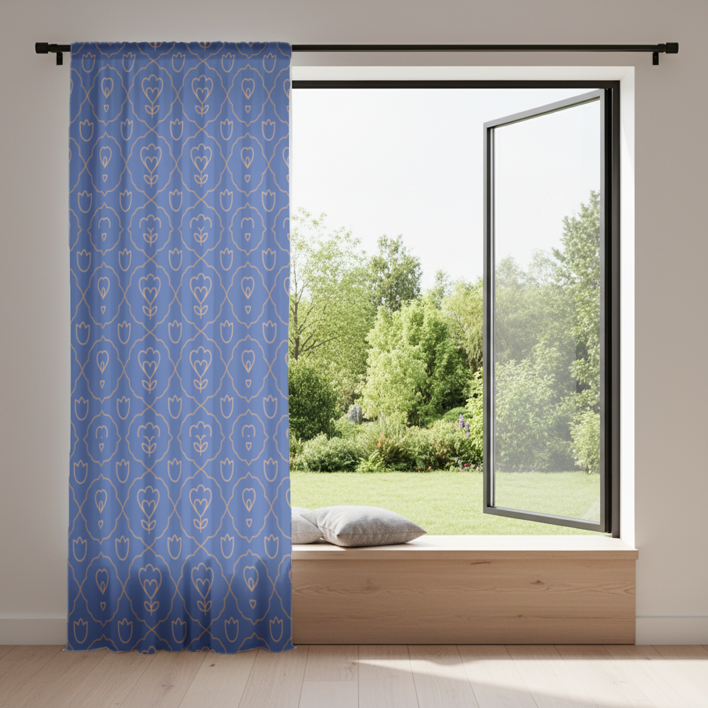 Orange Linear Floral Pattern on Blue Drapes