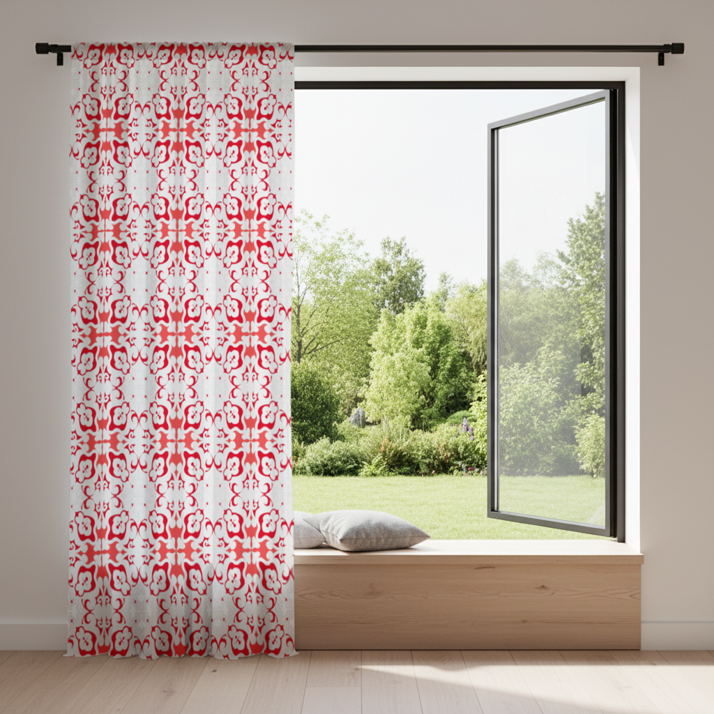 Red and White Traditional Tile Style Pattern Drapes