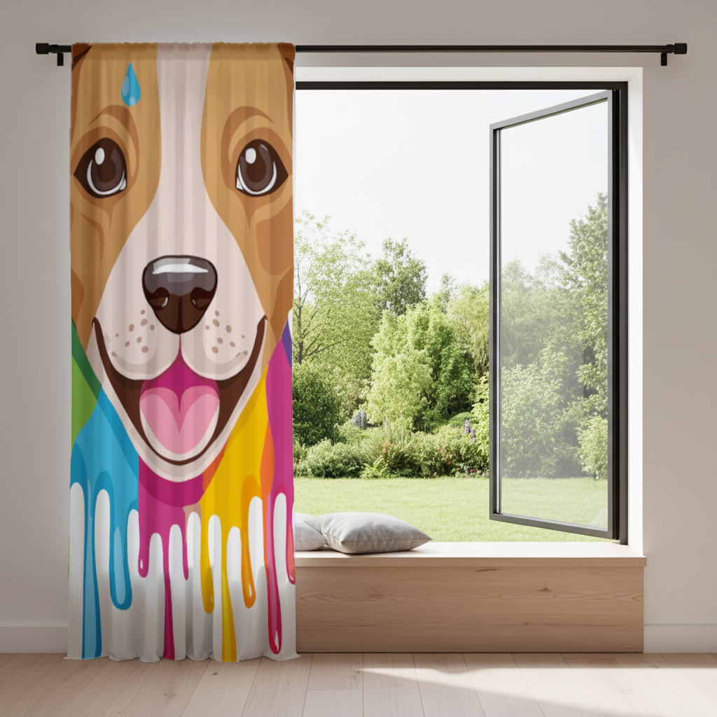 Happy Dog with Colorful Paint Drips Drapes