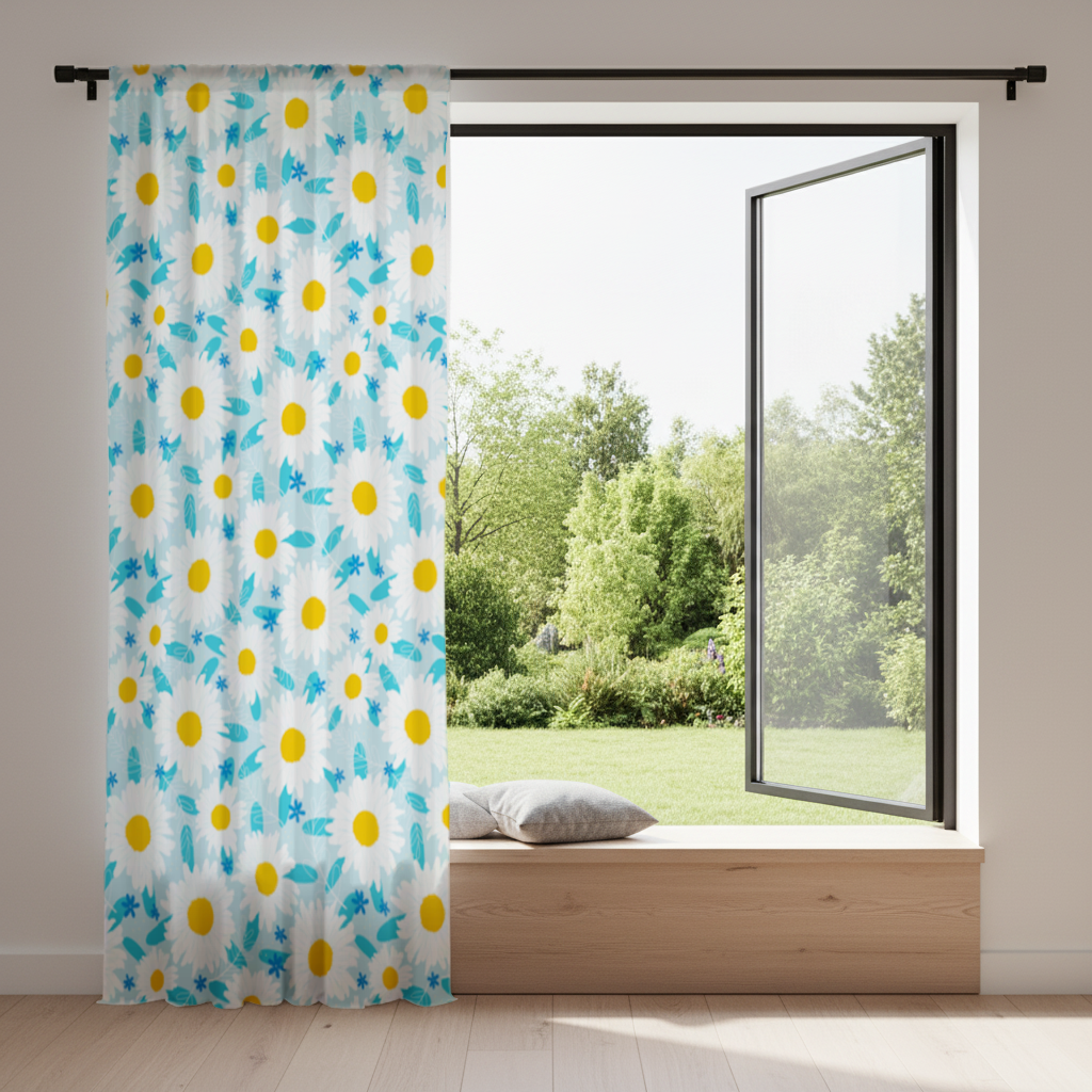 Daisy Garden and Turquoise Leaves Pattern Drapes