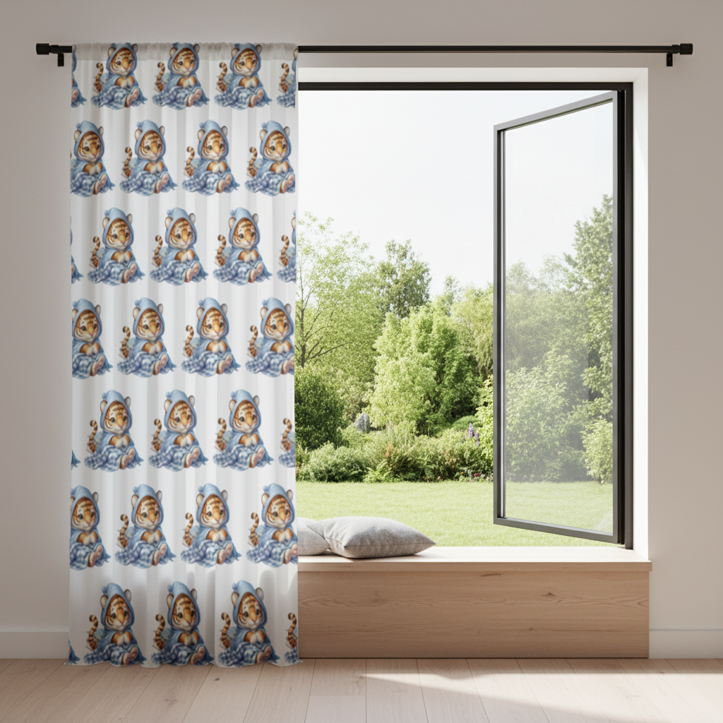 Sleepy Baby Tiger Cub on Books Drapes