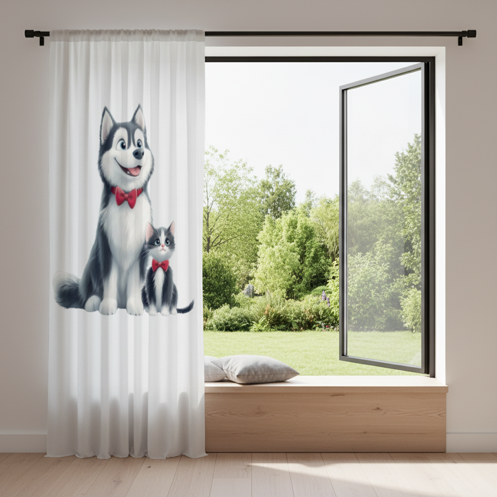 Cute Husky and Kitten with Red Bowties Drapes