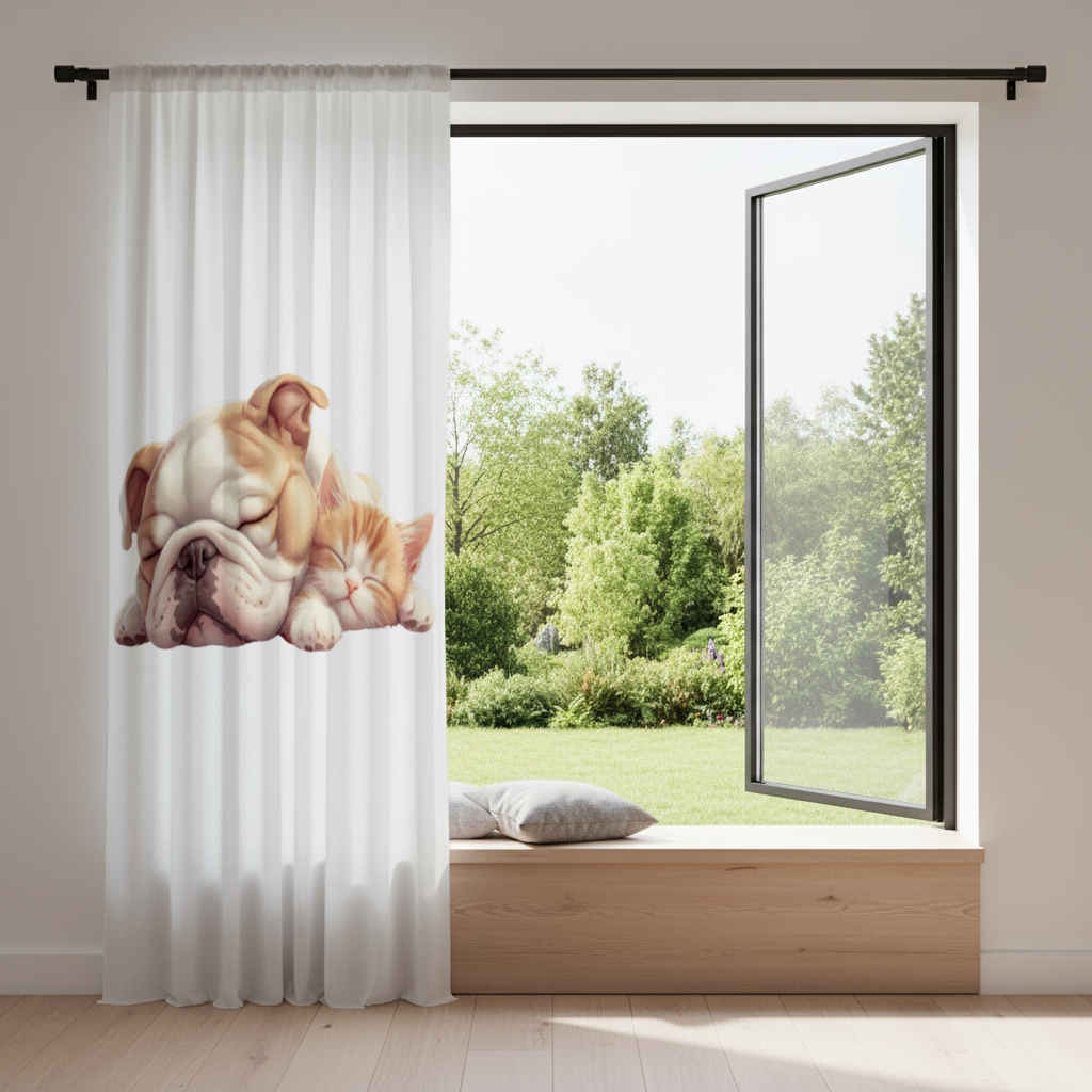 Sleeping Bulldog and Ginger Kitten Drapes