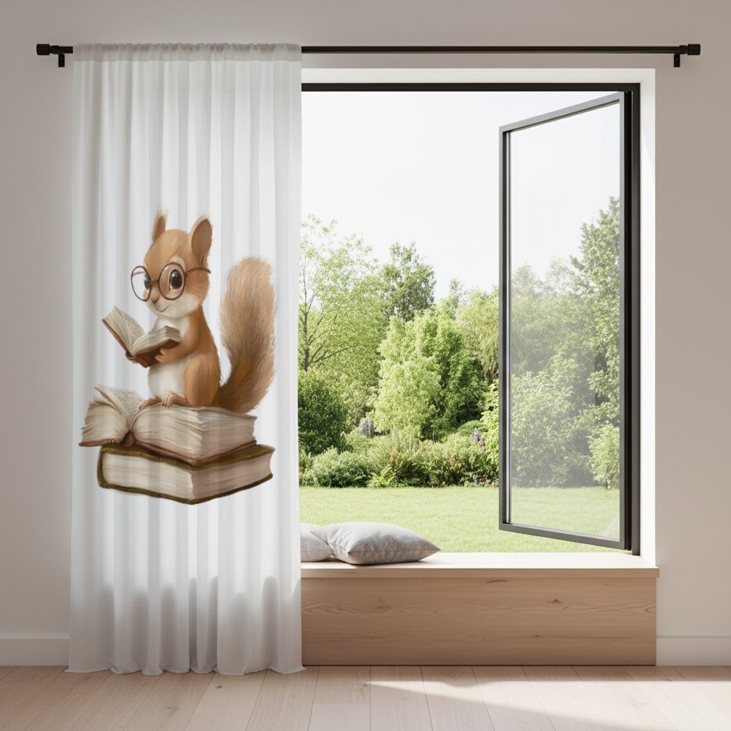 Scholarly Squirrel Reading on Book Stack Drapes