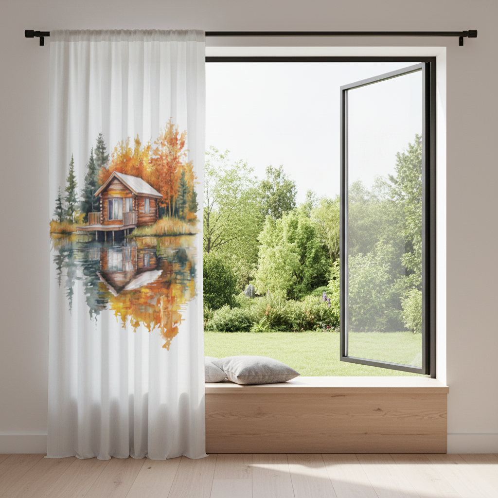 Lakeside Log Cabin Autumn Landscape Drapes