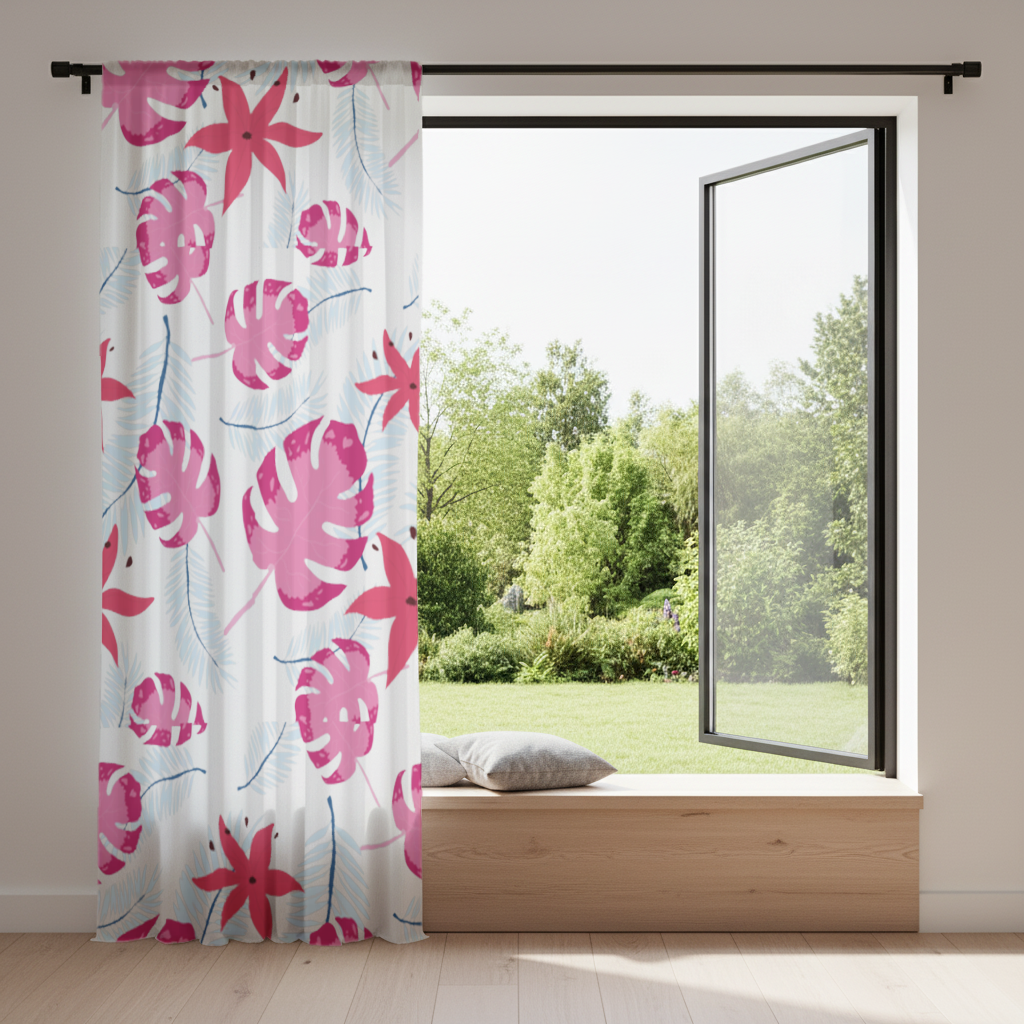 Pembe Monstera ve Tropikal Lilyum Fon Perde