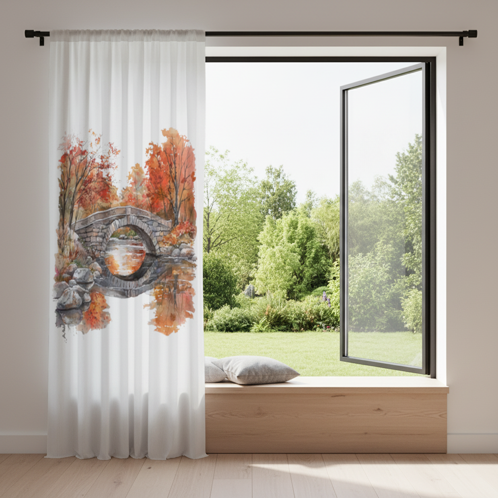 Sonbahar Taş Kemer Köprü ve Nehir Fon Perde