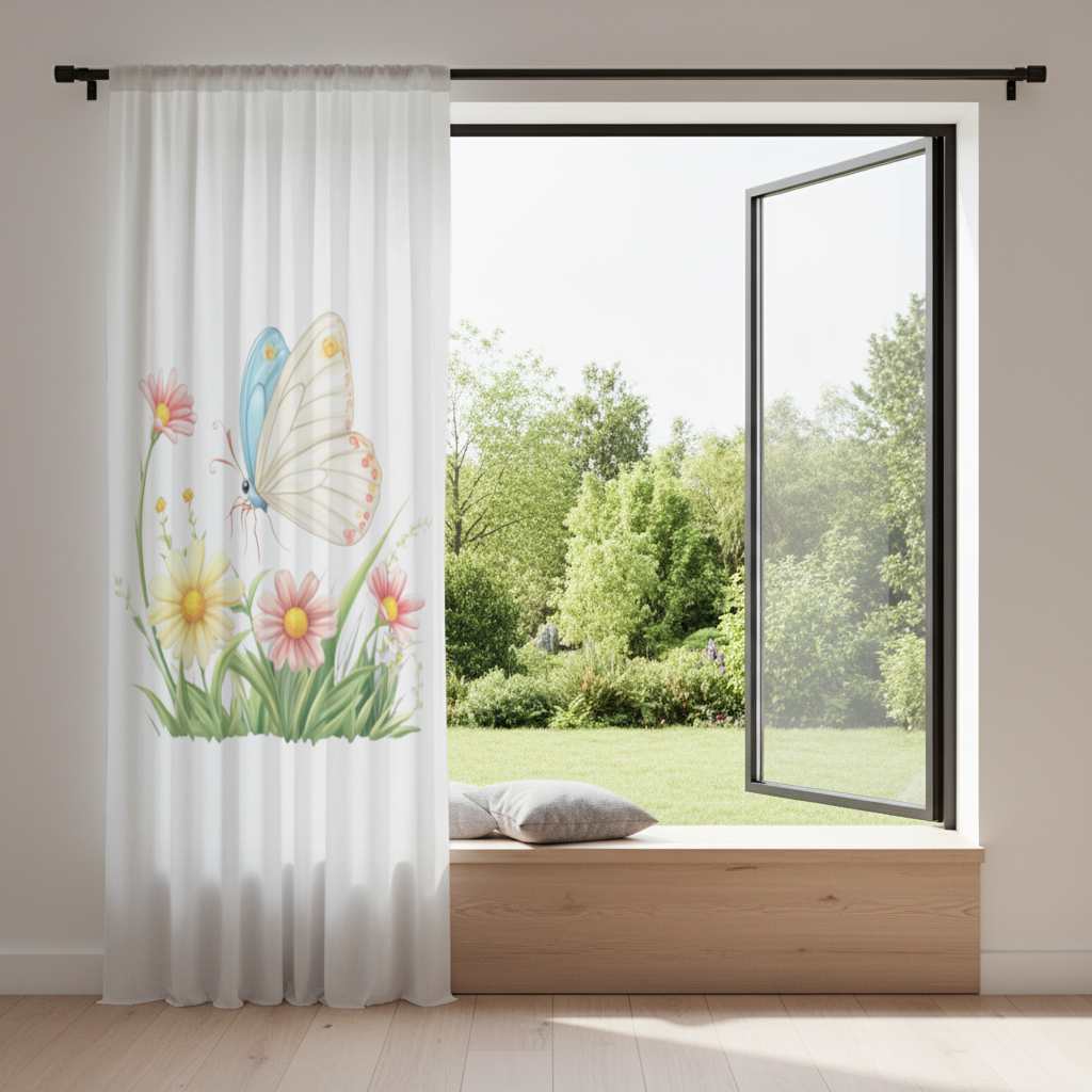 Pastel Kelebek ve Kır Çiçekleri Bahçesi Fon Perde