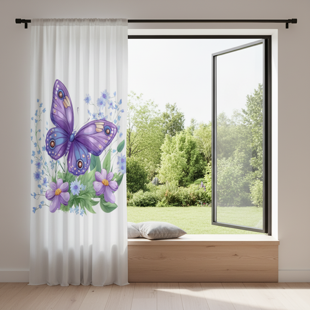 Mor Kelebek ve Mavi Kır Çiçekleri Fon Perde