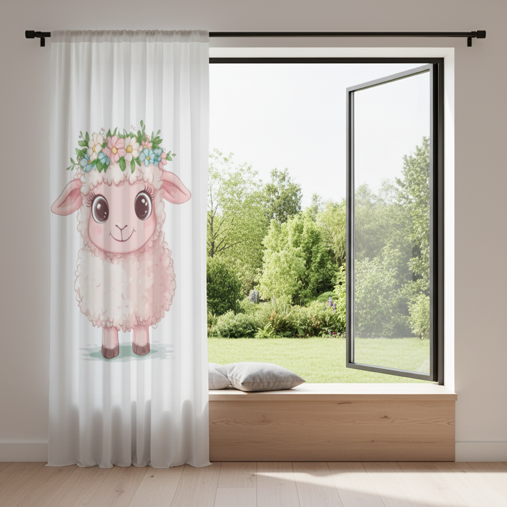 Kawaii Çiçek Taçlı Pembe Kuzu Fon Perde