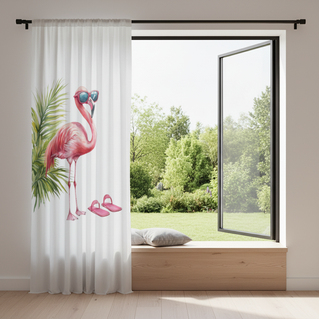 Güneş Gözlüklü Pembe Flamingo Fon Perde
