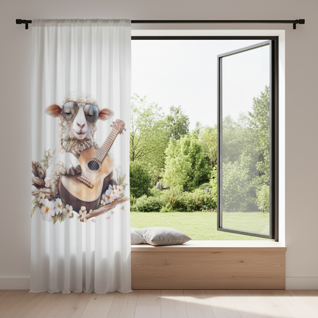 Ukulele Çalan Havalı Gözlüklü Koyun Fon Perde