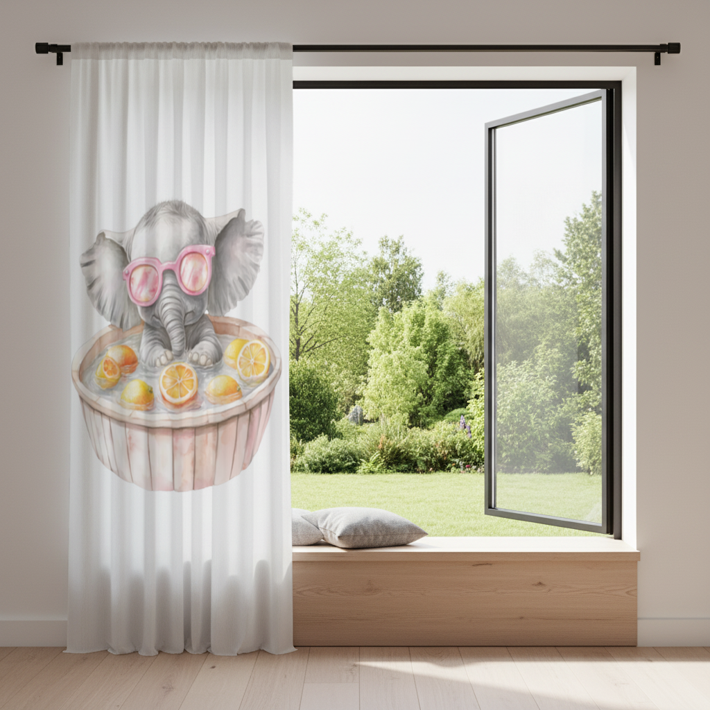 Pembe Gözlüklü Bebek Fil ve Narenciye Banyosu Fon Perde