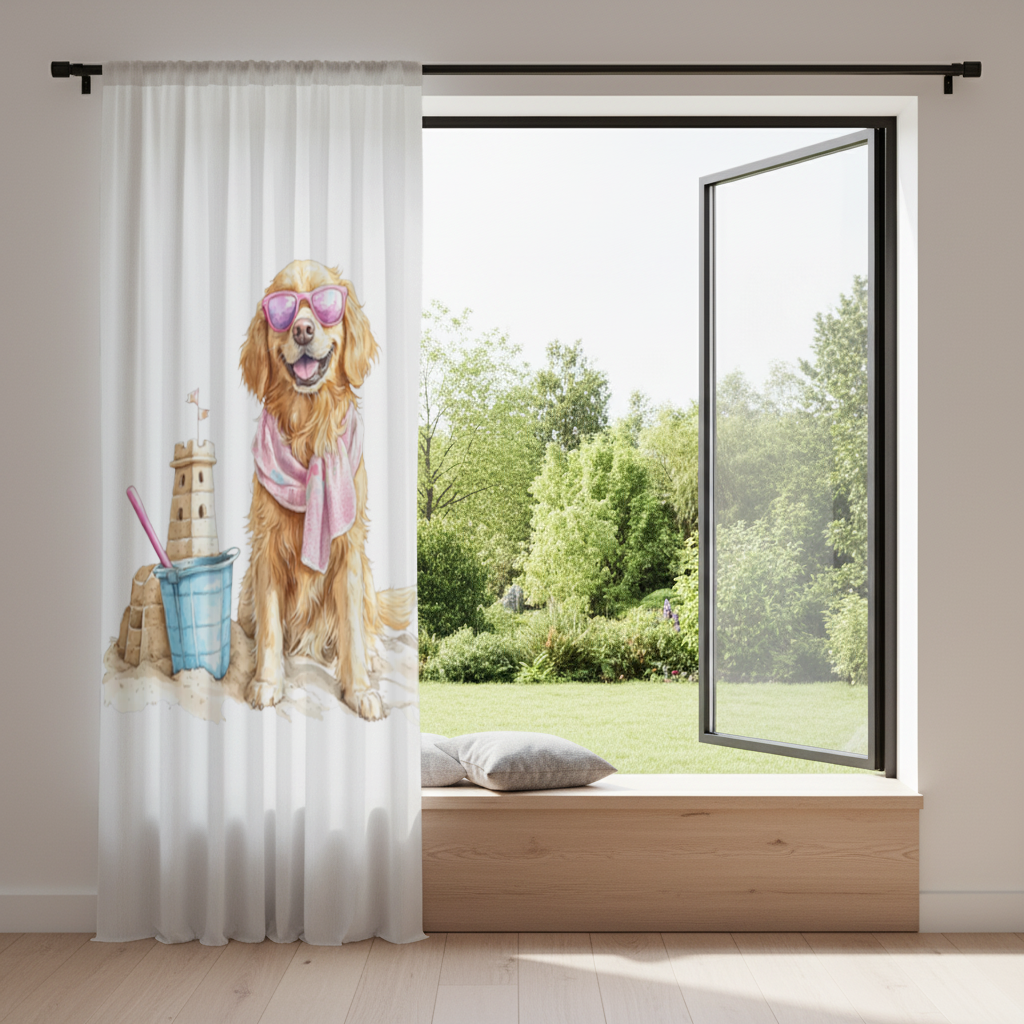 Plajda Pembe Gözlüklü Golden Retriever Fon Perde