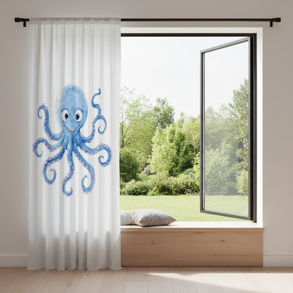 Sevimli Mavi Suluboya Ahtapot Fon Perde