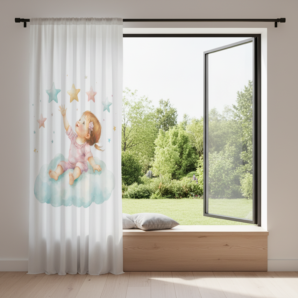 Bulut Üzerinde Yıldızlara Ulaşan Bebek Fon Perde