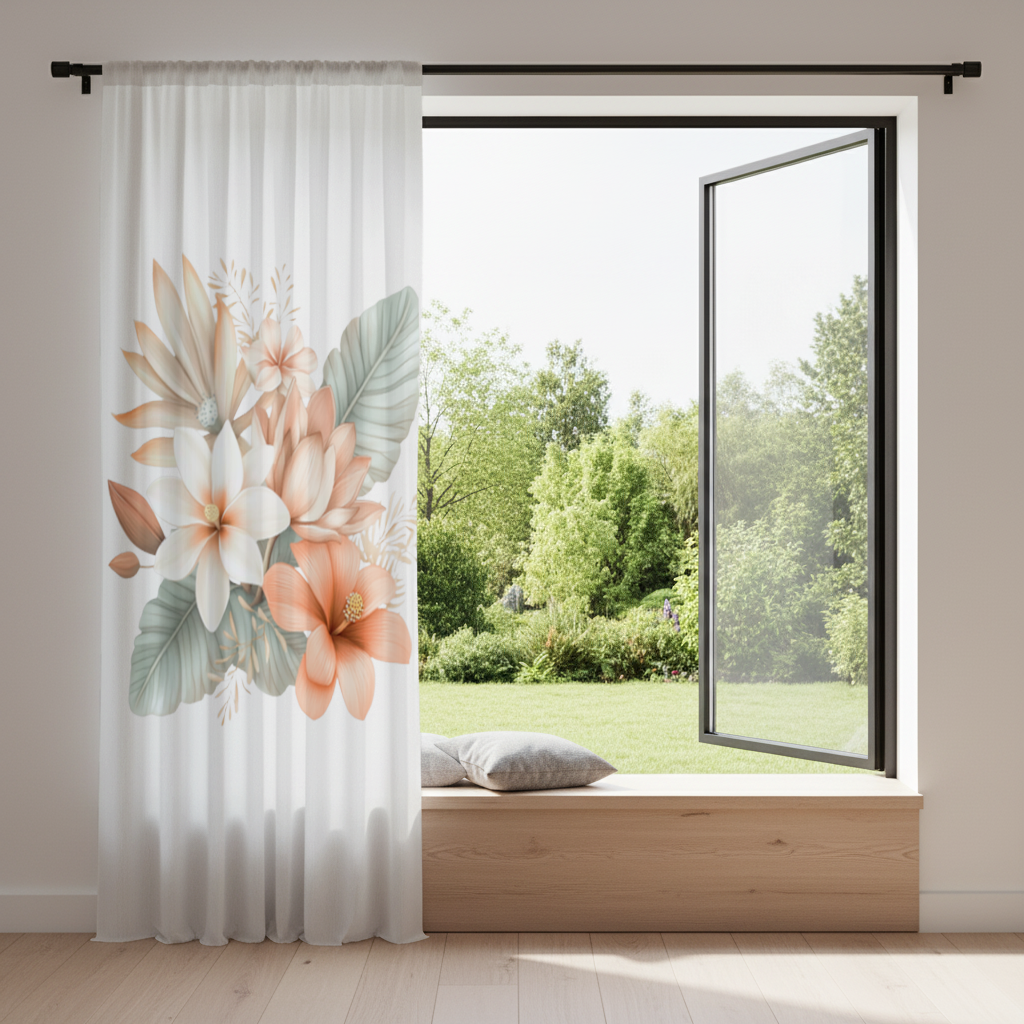 Şeftali Tonlu Tropikal Çiçek Buketi Fon Perde