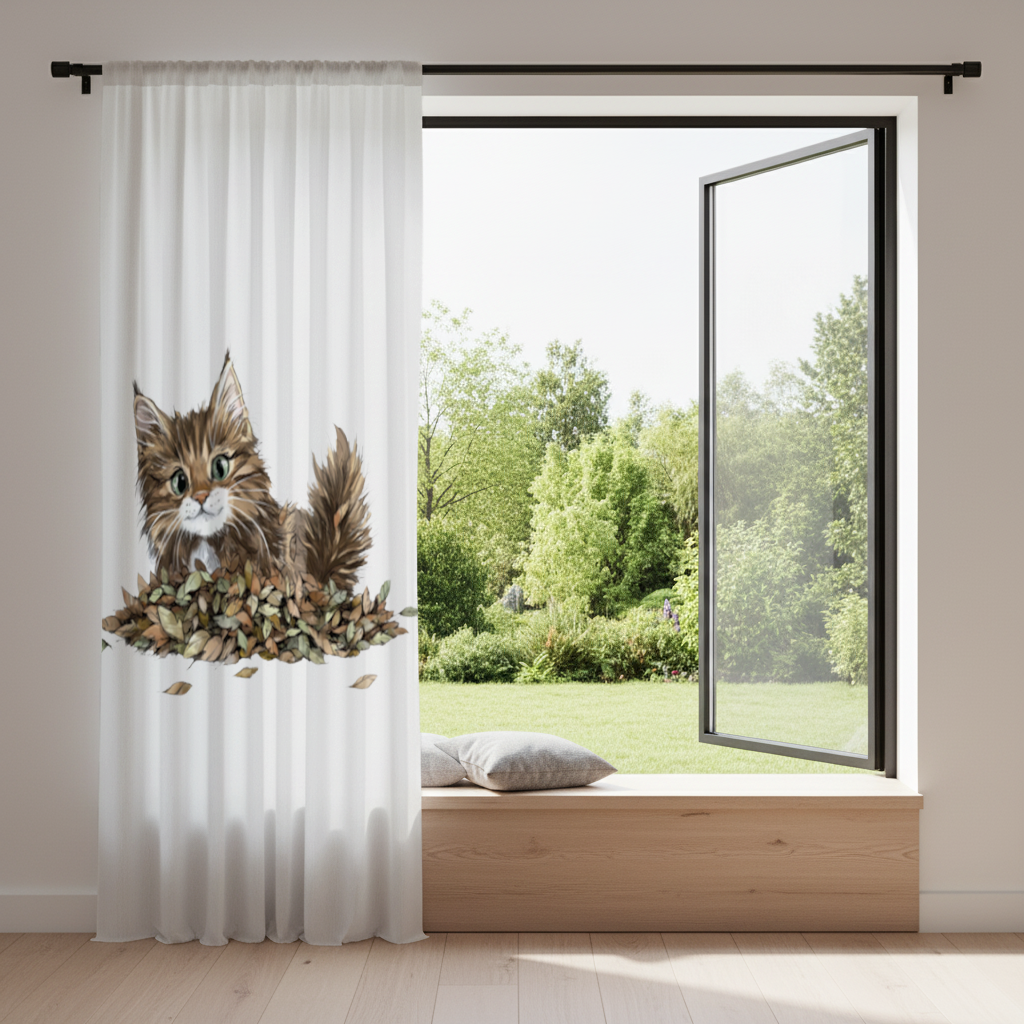 Yapraklar Arasında Sevimli Yavru Kedi Fon Perde