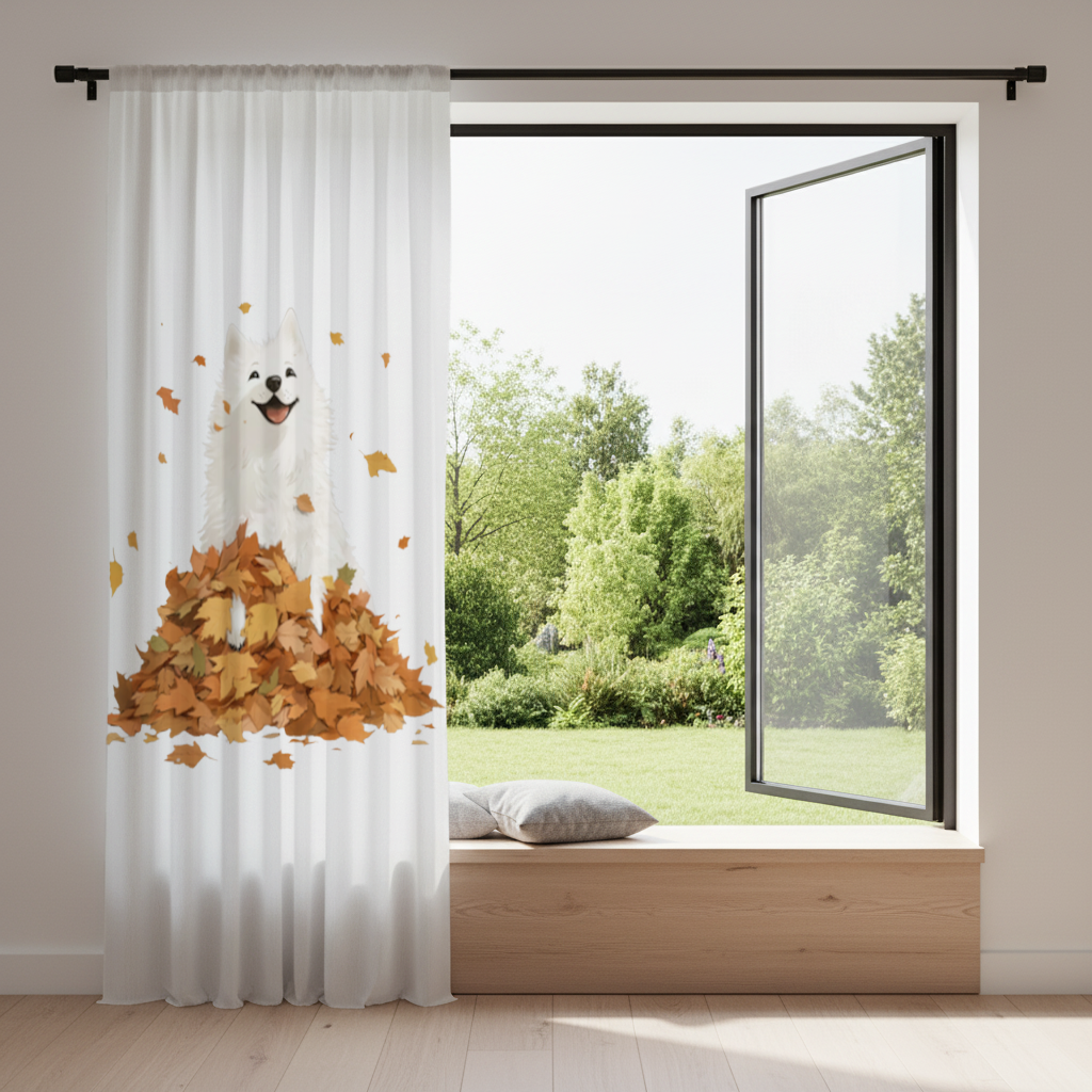 Happy White Dog in Autumn Leaves 