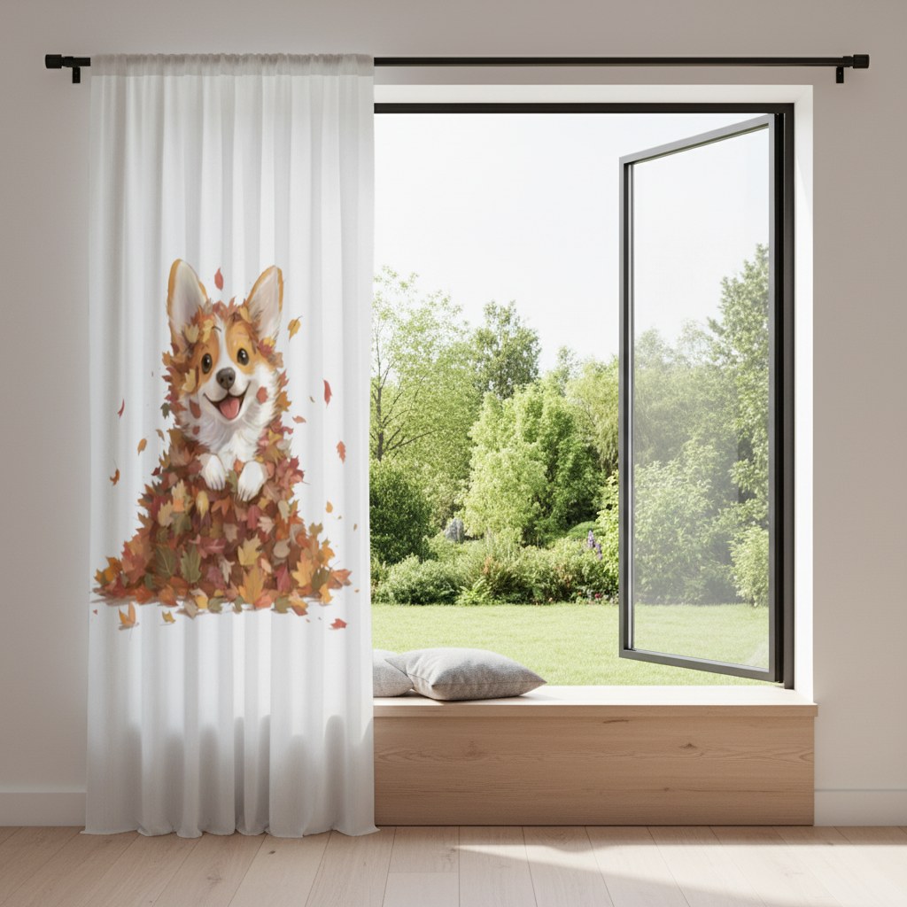 Happy Corgi Puppy in Fall Leaves Drapes