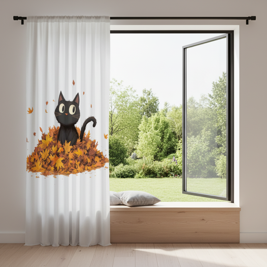 Sonbahar Yapraklarında Sevimli Siyah Kedi Fon Perde