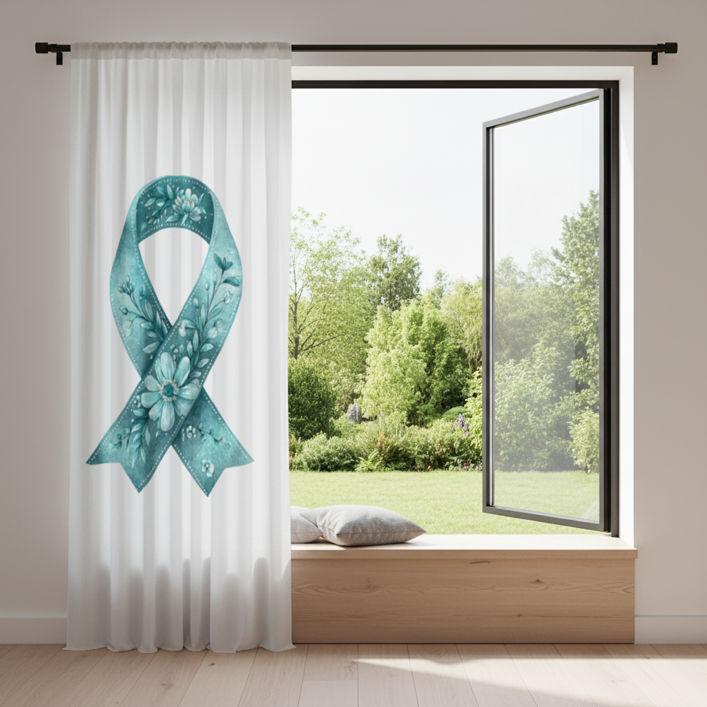 Turkuaz Çiçekli Farkındalık Kurdelesi Fon Perde