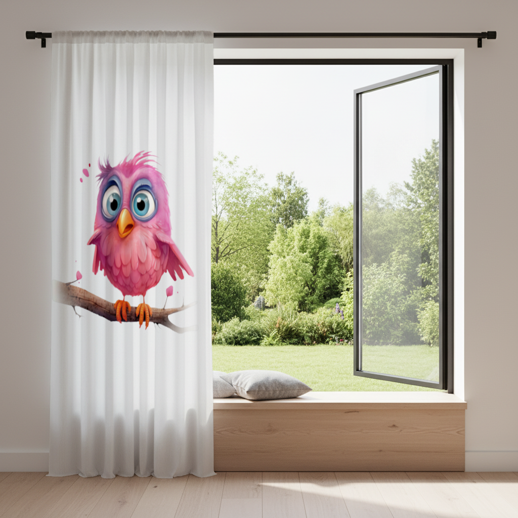 Cute Pink Bird with Large Blue Eyes Drapes