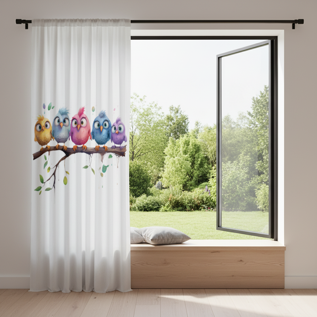 Five Colorful Kawaii Birds on Branch 