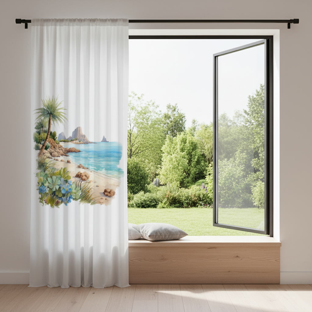 Tropical Palm Tree and Turquoise Sea Drapes