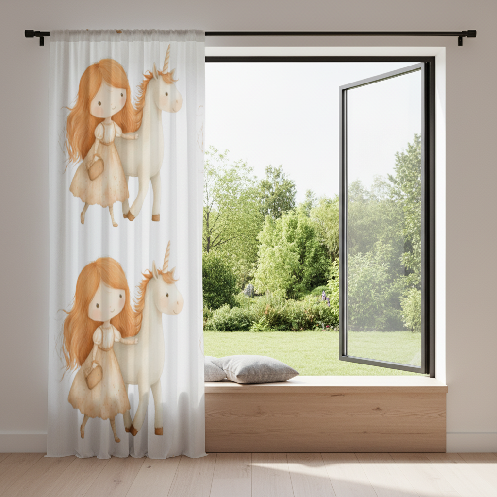 Ginger Girl with Whimsical White Unicorn Drapes