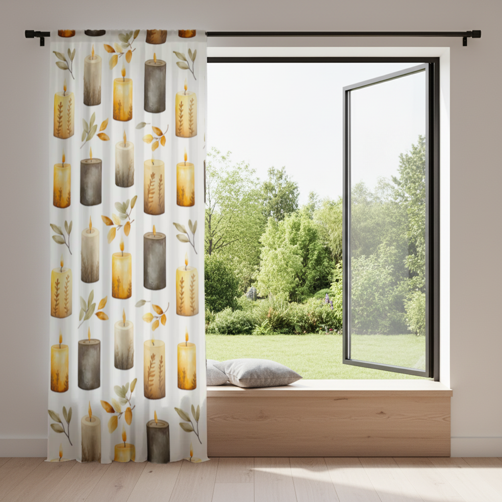 Warm Neutral Autumn Candles and Leaves Drapes