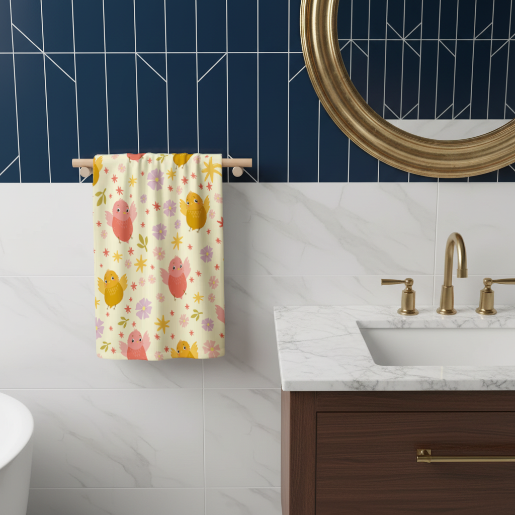 Cute Birds and Floral Pastel Spring Pattern Illustration Hand Towel