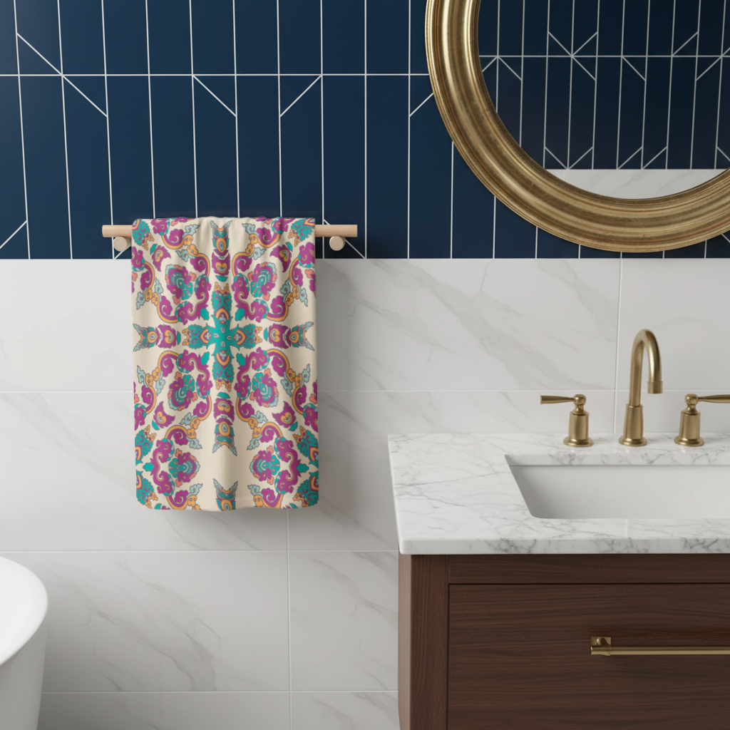 Colorful Oriental Symmetrical Mandala Pattern Hand Towel