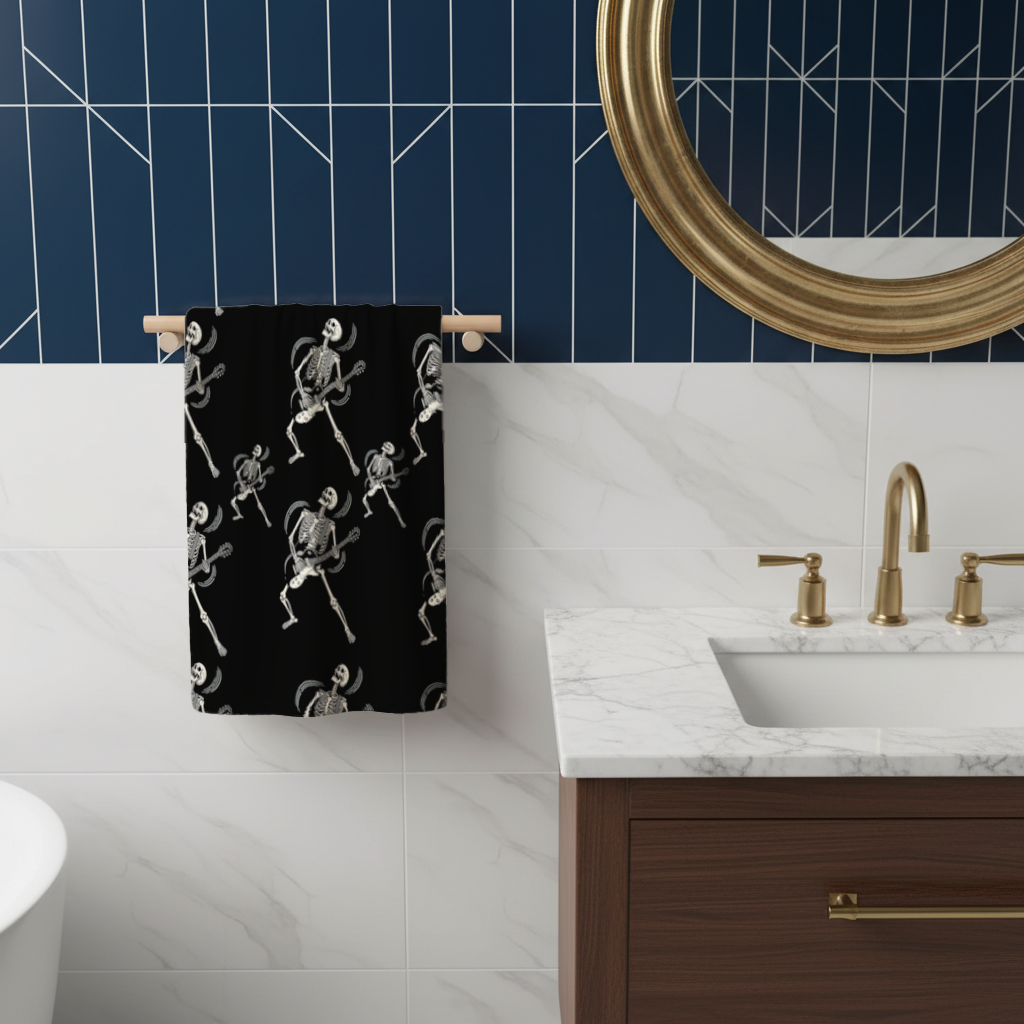 Rock Guitar Playing Skeleton Pattern on Black Hand Towel