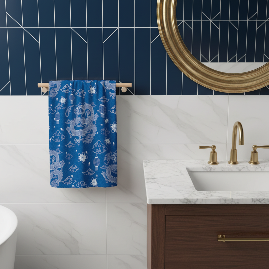 Traditional Dragon Pattern on Blue Background Hand Towel